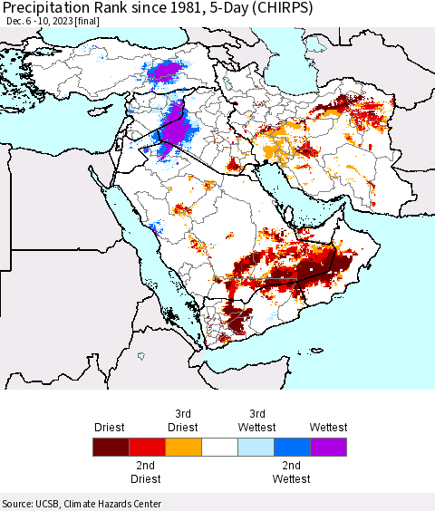 Middle East and Turkey Precipitation Rank since 1981, 5-Day (CHIRPS) Thematic Map For 12/6/2023 - 12/10/2023