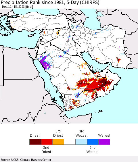 Middle East and Turkey Precipitation Rank since 1981, 5-Day (CHIRPS) Thematic Map For 12/11/2023 - 12/15/2023