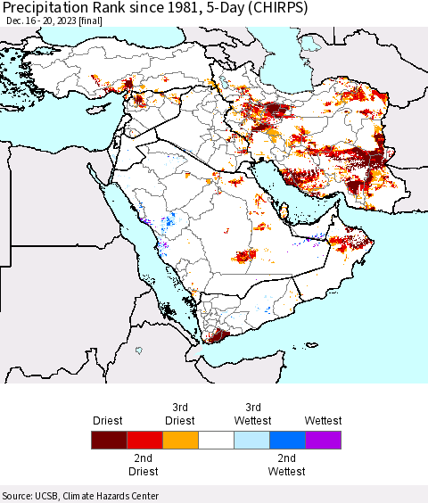 Middle East and Turkey Precipitation Rank since 1981, 5-Day (CHIRPS) Thematic Map For 12/16/2023 - 12/20/2023