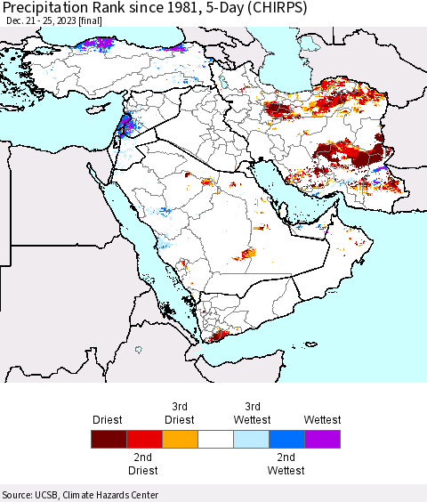 Middle East and Turkey Precipitation Rank since 1981, 5-Day (CHIRPS) Thematic Map For 12/21/2023 - 12/25/2023