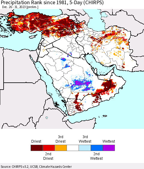 Middle East and Turkey Precipitation Rank since 1981, 5-Day (CHIRPS) Thematic Map For 12/26/2023 - 12/31/2023