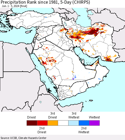 Middle East and Turkey Precipitation Rank since 1981, 5-Day (CHIRPS) Thematic Map For 1/1/2024 - 1/5/2024