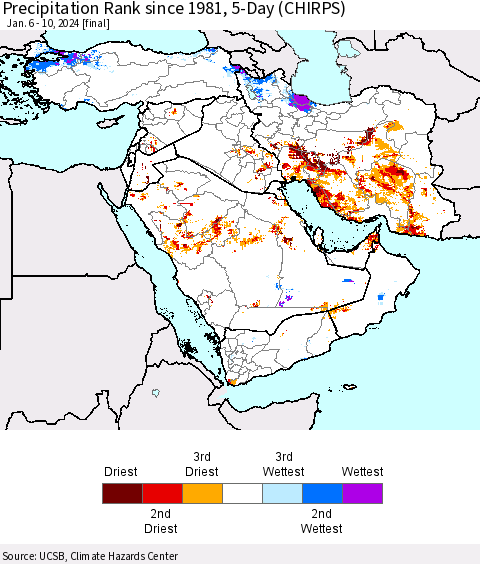 Middle East and Turkey Precipitation Rank since 1981, 5-Day (CHIRPS) Thematic Map For 1/6/2024 - 1/10/2024