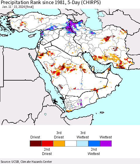 Middle East and Turkey Precipitation Rank since 1981, 5-Day (CHIRPS) Thematic Map For 1/11/2024 - 1/15/2024