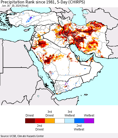 Middle East and Turkey Precipitation Rank since 1981, 5-Day (CHIRPS) Thematic Map For 1/16/2024 - 1/20/2024