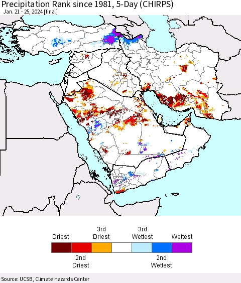 Middle East and Turkey Precipitation Rank since 1981, 5-Day (CHIRPS) Thematic Map For 1/21/2024 - 1/25/2024
