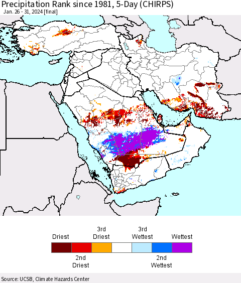 Middle East and Turkey Precipitation Rank since 1981, 5-Day (CHIRPS) Thematic Map For 1/26/2024 - 1/31/2024