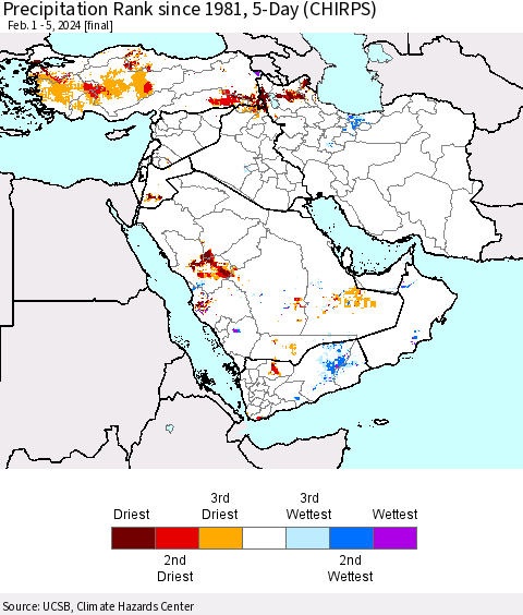 Middle East and Turkey Precipitation Rank since 1981, 5-Day (CHIRPS) Thematic Map For 2/1/2024 - 2/5/2024