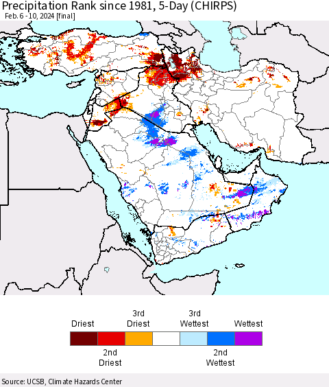 Middle East and Turkey Precipitation Rank since 1981, 5-Day (CHIRPS) Thematic Map For 2/6/2024 - 2/10/2024