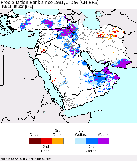 Middle East and Turkey Precipitation Rank since 1981, 5-Day (CHIRPS) Thematic Map For 2/11/2024 - 2/15/2024
