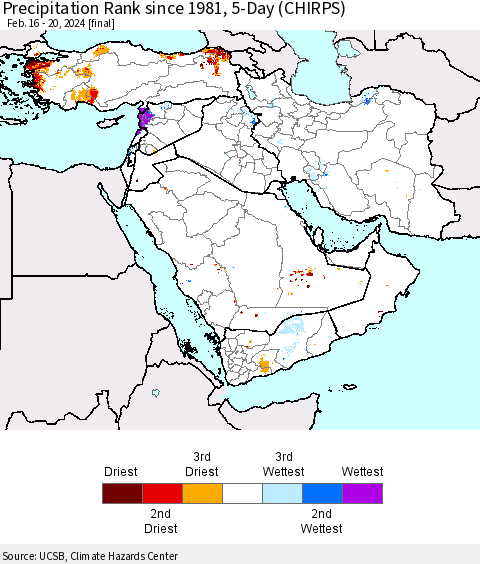 Middle East and Turkey Precipitation Rank since 1981, 5-Day (CHIRPS) Thematic Map For 2/16/2024 - 2/20/2024