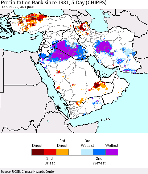 Middle East and Turkey Precipitation Rank since 1981, 5-Day (CHIRPS) Thematic Map For 2/21/2024 - 2/25/2024