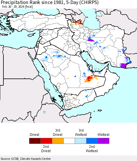 Middle East and Turkey Precipitation Rank since 1981, 5-Day (CHIRPS) Thematic Map For 2/26/2024 - 2/29/2024