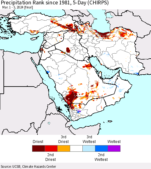 Middle East and Turkey Precipitation Rank since 1981, 5-Day (CHIRPS) Thematic Map For 3/1/2024 - 3/5/2024