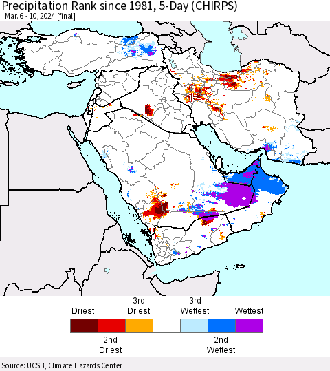 Middle East and Turkey Precipitation Rank since 1981, 5-Day (CHIRPS) Thematic Map For 3/6/2024 - 3/10/2024