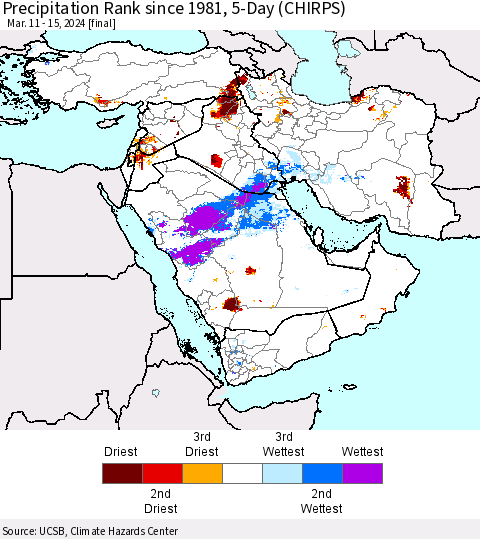 Middle East and Turkey Precipitation Rank since 1981, 5-Day (CHIRPS) Thematic Map For 3/11/2024 - 3/15/2024