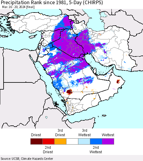 Middle East and Turkey Precipitation Rank since 1981, 5-Day (CHIRPS) Thematic Map For 3/16/2024 - 3/20/2024