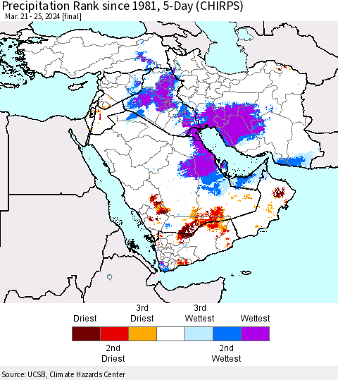 Middle East and Turkey Precipitation Rank since 1981, 5-Day (CHIRPS) Thematic Map For 3/21/2024 - 3/25/2024