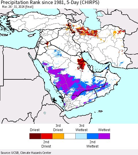 Middle East and Turkey Precipitation Rank since 1981, 5-Day (CHIRPS) Thematic Map For 3/26/2024 - 3/31/2024