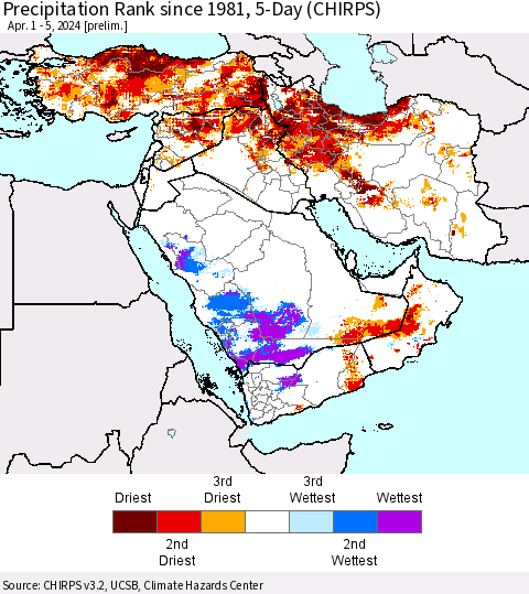 Middle East and Turkey Precipitation Rank since 1981, 5-Day (CHIRPS) Thematic Map For 4/1/2024 - 4/5/2024