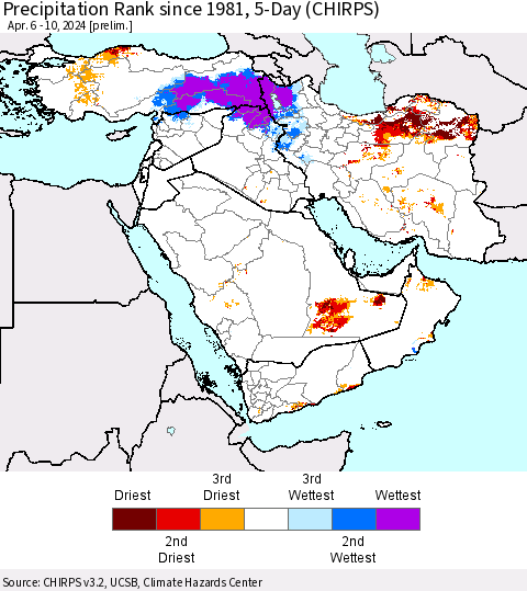 Middle East and Turkey Precipitation Rank since 1981, 5-Day (CHIRPS) Thematic Map For 4/6/2024 - 4/10/2024