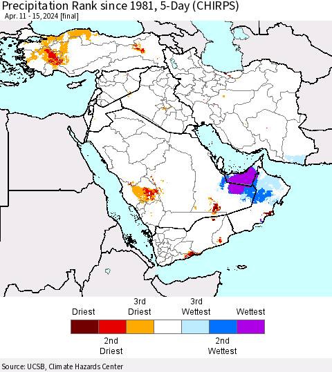 Middle East and Turkey Precipitation Rank since 1981, 5-Day (CHIRPS) Thematic Map For 4/11/2024 - 4/15/2024