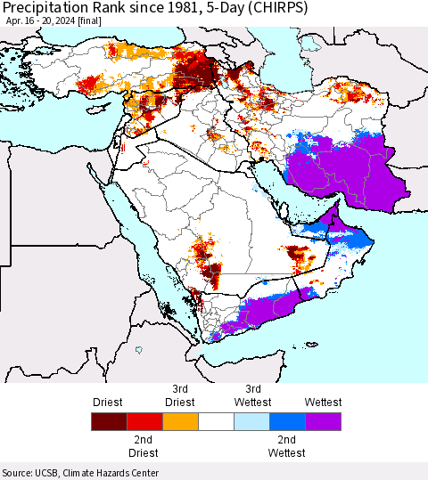 Middle East and Turkey Precipitation Rank since 1981, 5-Day (CHIRPS) Thematic Map For 4/16/2024 - 4/20/2024