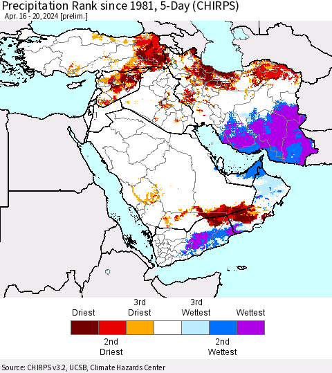 Middle East and Turkey Precipitation Rank since 1981, 5-Day (CHIRPS) Thematic Map For 4/16/2024 - 4/20/2024
