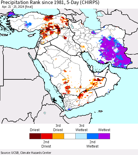 Middle East and Turkey Precipitation Rank since 1981, 5-Day (CHIRPS) Thematic Map For 4/21/2024 - 4/25/2024