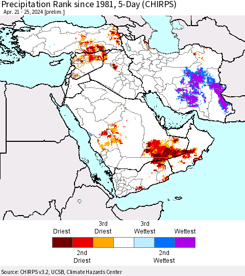 Middle East and Turkey Precipitation Rank since 1981, 5-Day (CHIRPS) Thematic Map For 4/21/2024 - 4/25/2024