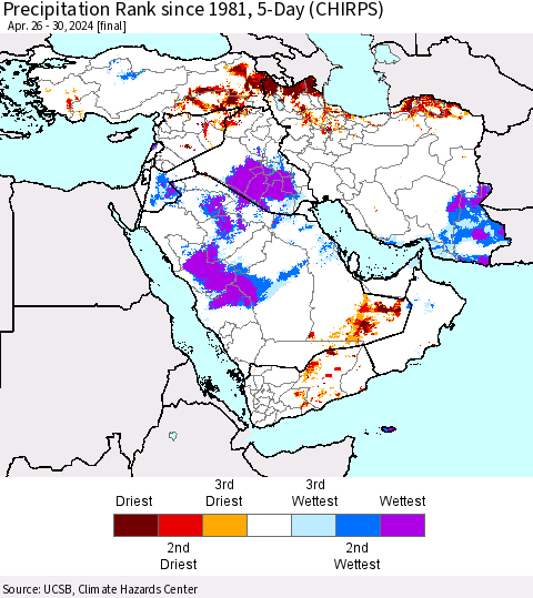 Middle East and Turkey Precipitation Rank since 1981, 5-Day (CHIRPS) Thematic Map For 4/26/2024 - 4/30/2024