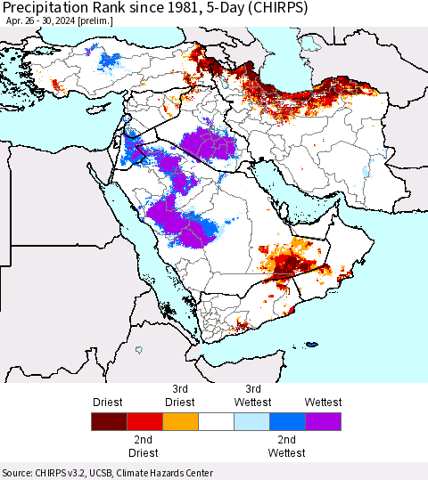 Middle East and Turkey Precipitation Rank since 1981, 5-Day (CHIRPS) Thematic Map For 4/26/2024 - 4/30/2024