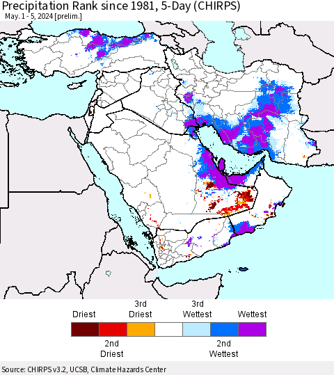Middle East and Turkey Precipitation Rank since 1981, 5-Day (CHIRPS) Thematic Map For 5/1/2024 - 5/5/2024