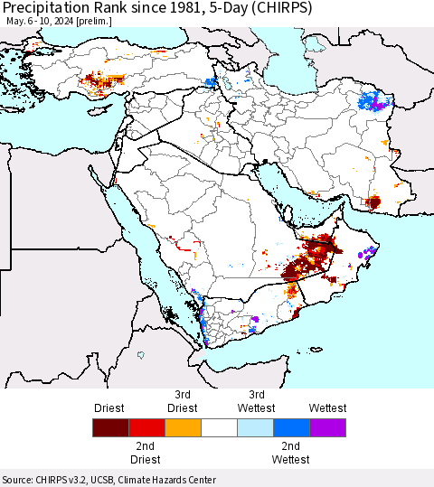 Middle East and Turkey Precipitation Rank since 1981, 5-Day (CHIRPS) Thematic Map For 5/6/2024 - 5/10/2024