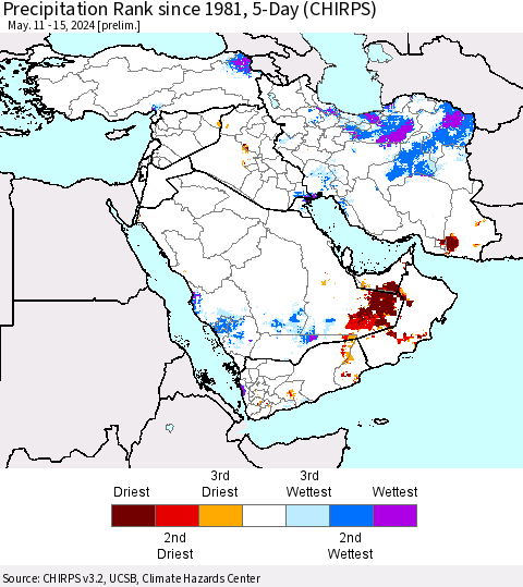 Middle East and Turkey Precipitation Rank since 1981, 5-Day (CHIRPS) Thematic Map For 5/11/2024 - 5/15/2024