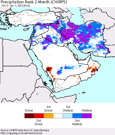 Middle East and Turkey Precipitation Rank since 1981, 2-Month (CHIRPS) Thematic Map For 2/6/2019 - 4/5/2019