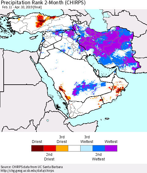 Middle East and Turkey Precipitation Rank since 1981, 2-Month (CHIRPS) Thematic Map For 2/11/2019 - 4/10/2019
