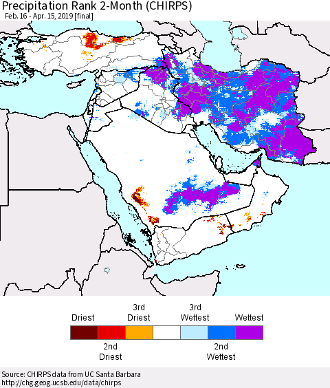Middle East and Turkey Precipitation Rank since 1981, 2-Month (CHIRPS) Thematic Map For 2/16/2019 - 4/15/2019