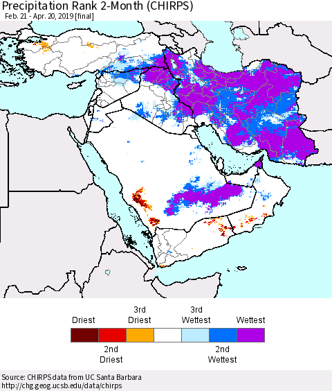 Middle East and Turkey Precipitation Rank since 1981, 2-Month (CHIRPS) Thematic Map For 2/21/2019 - 4/20/2019