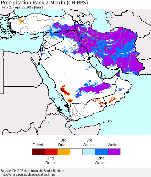 Middle East and Turkey Precipitation Rank since 1981, 2-Month (CHIRPS) Thematic Map For 2/26/2019 - 4/25/2019