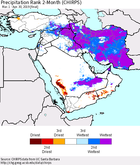 Middle East and Turkey Precipitation Rank since 1981, 2-Month (CHIRPS) Thematic Map For 3/1/2019 - 4/30/2019