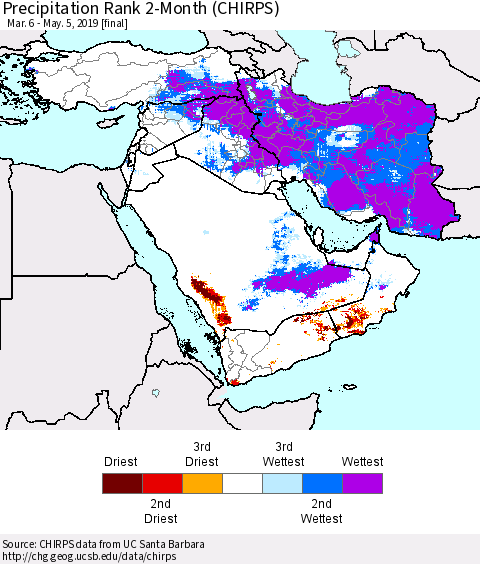 Middle East and Turkey Precipitation Rank since 1981, 2-Month (CHIRPS) Thematic Map For 3/6/2019 - 5/5/2019