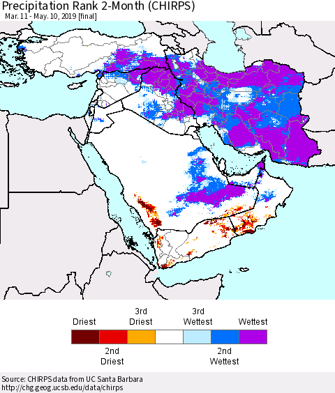 Middle East and Turkey Precipitation Rank since 1981, 2-Month (CHIRPS) Thematic Map For 3/11/2019 - 5/10/2019