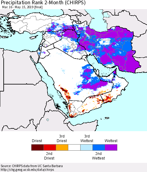 Middle East and Turkey Precipitation Rank since 1981, 2-Month (CHIRPS) Thematic Map For 3/16/2019 - 5/15/2019