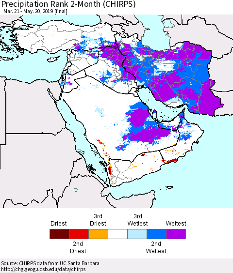 Middle East and Turkey Precipitation Rank since 1981, 2-Month (CHIRPS) Thematic Map For 3/21/2019 - 5/20/2019