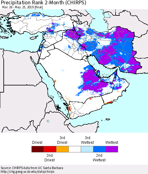 Middle East and Turkey Precipitation Rank since 1981, 2-Month (CHIRPS) Thematic Map For 3/26/2019 - 5/25/2019