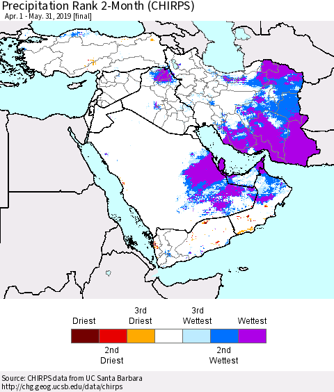 Middle East and Turkey Precipitation Rank since 1981, 2-Month (CHIRPS) Thematic Map For 4/1/2019 - 5/31/2019