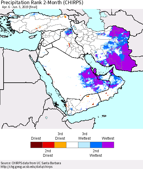 Middle East and Turkey Precipitation Rank since 1981, 2-Month (CHIRPS) Thematic Map For 4/6/2019 - 6/5/2019