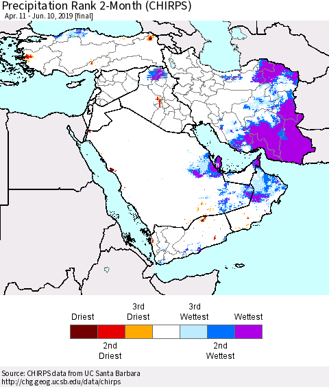 Middle East and Turkey Precipitation Rank since 1981, 2-Month (CHIRPS) Thematic Map For 4/11/2019 - 6/10/2019