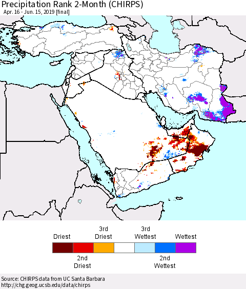 Middle East and Turkey Precipitation Rank since 1981, 2-Month (CHIRPS) Thematic Map For 4/16/2019 - 6/15/2019